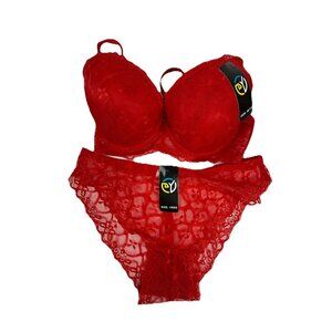Red Lace Bra And Panty Set By DY Fits Like US Sz 42B Panty Is One Size